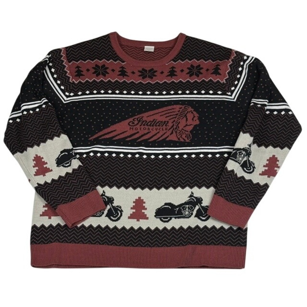 Indian Motorcycle Mens XXL Fair Isle Holiday Sweater Burgundy Black Biker Knit